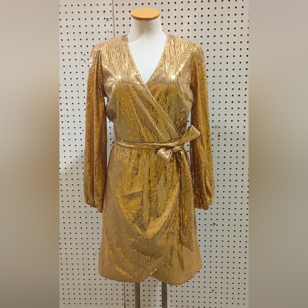 Inc International Concepts Women's Long-Sleeve Gold Sequin Wrap Dress,  Size S